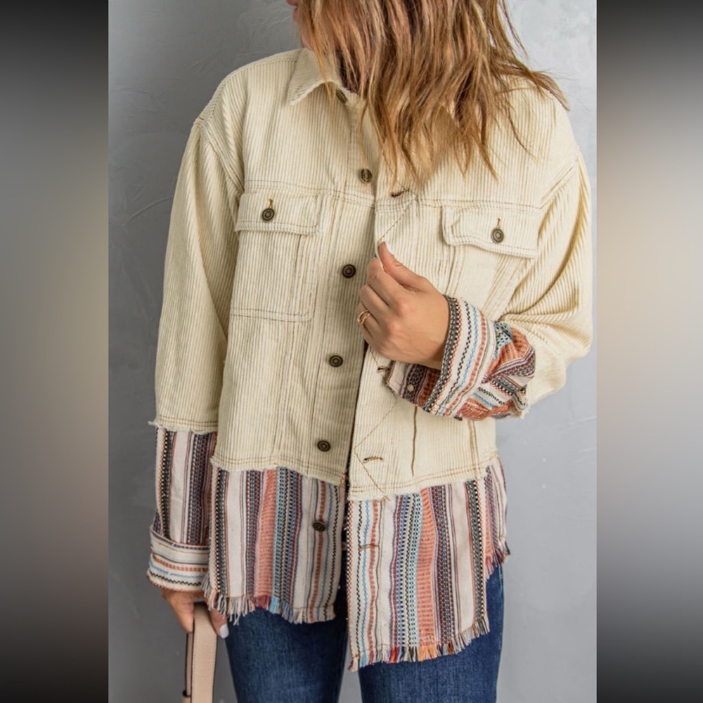 Cream Corduroy Jacket with Striped Details